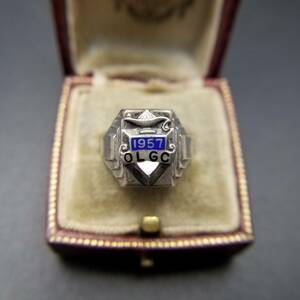 1957 BP US Vintage Classing OLGC College Signet 925 Silver Ardeco Blue/White Enamel Ring Y13-H