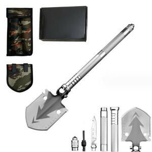 Folding scoop shovel outdoor camp Multifunctional high -strength wear with multi -tool with storage bag (color: silver)