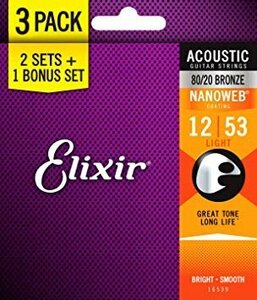 [VAPS_4] ELIXIR Elixir Acoustic Guitar String 3 Set Pack NANOWEB 80/20 Bronze Light .012-.053 #16539 Send