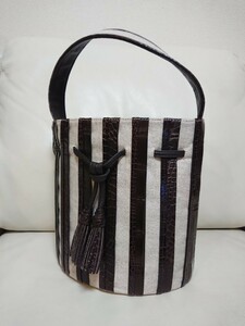 Super rare unused [KITAMURA Kitamura] Canvas embossed leather bucket type handbag striped fringe