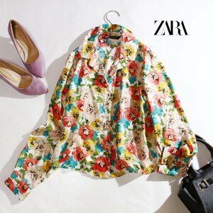 ZARA Zara Spring / Summer Lace Spring Flower Pattern Loose Glossy Scarf Print Long Sleeve Shirt Blouse XS Colorful Beige Moroccan