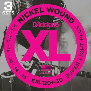 Pack of 3 D'Addario EXL120+-3D Nickel Wound 009.5-044 Daddario Electric Guitar Strings
