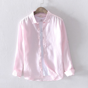 Long -sleeved shirt men's cotton linen casual shirt button down shirt linen shirt plain pink YLH115