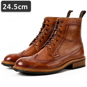Shipping included ☆ Genuine leather cowhide men's short boots Brown size 24.5cm leather shoes Casual flexible commuting lightweight imported [N049]