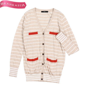 Vicky/Vicky Cardigan Tops Long Sleeve Knit Border Pattern V Neck Wool Mixed 2 M beige White Orange [NEW] ★ 41II22