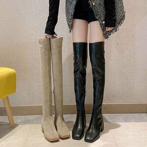 Knee High Boots Square Tou Beautiful Leg Boots 24.0cm (38) Black (PU leather style)