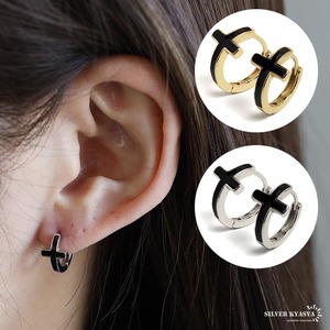 Silver 925 Black Cross Pierce Hoop Earrings Gold 18K Ladies Metal Allergic Response Both ears (Silver)