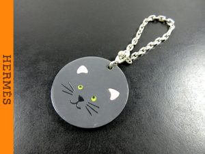 [Hermes] Cat motif silver chain key chain leather gray H50