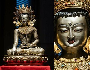 ■ Kinshin / Age Old Store ■ Changian Old Art Old Arts Tibetan Tibet Painted Copper Painting Money Silver Sculpture Gen Sculpture Jewelry Jewel Crown Shakamuni Buddha Statue ★ Fine and Temple