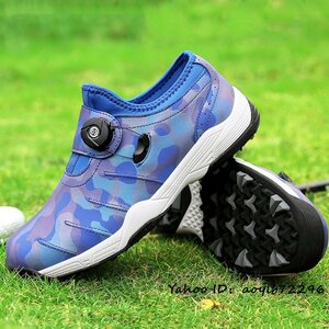 New camouflage pattern athletic shoes Golf shoes Men's spikeless dial type men and women both men and women sports shoes 4E wide gender lightweight water repellent blue 28cm