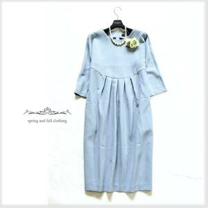Beautiful goods ♪ Leilian Lerian * elegant neat ... ☆ West Tuck Cocoon Cylouette 7 -quarter sleeve dress ♪ Light Blue 11 (M -L) KJ