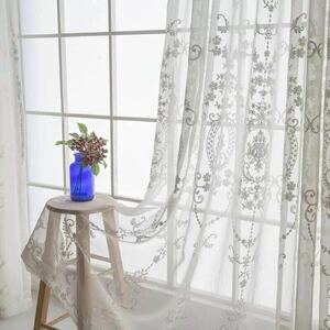 New lace curtain width 100 cm * Length 200 cm 2 pieces Double opening embroidery luxury white white elegant