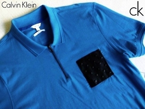 New ★ Calvin Klein ★ Refreshing Cobalt Blue Polo Shirt ★ Half Zip Black Pocket L ★ Calvin Klein ☆ 532
