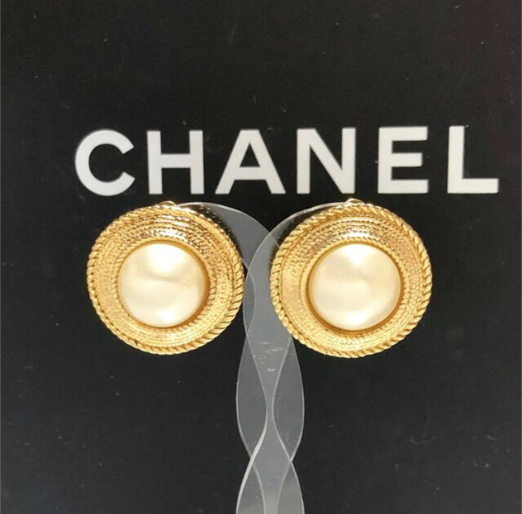Chanel Earring Pearl Pearl Gold Gold Chain Vintage Maru ☆